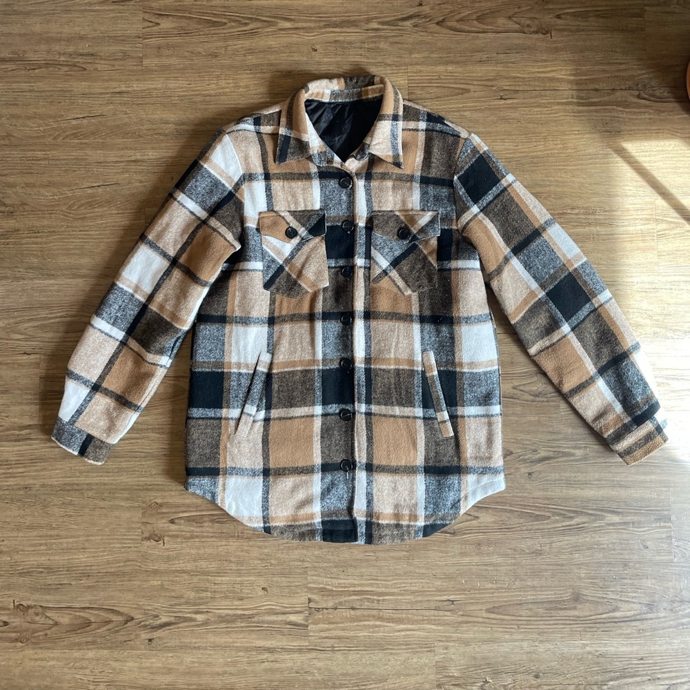 Plaid Shacket Jacket in Tan, Black & White